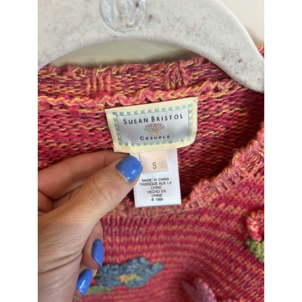 Susan Bristol NWT Embroidered Pink Orange Floral Sweater Small Cotton Striped - Picture 2 of 9